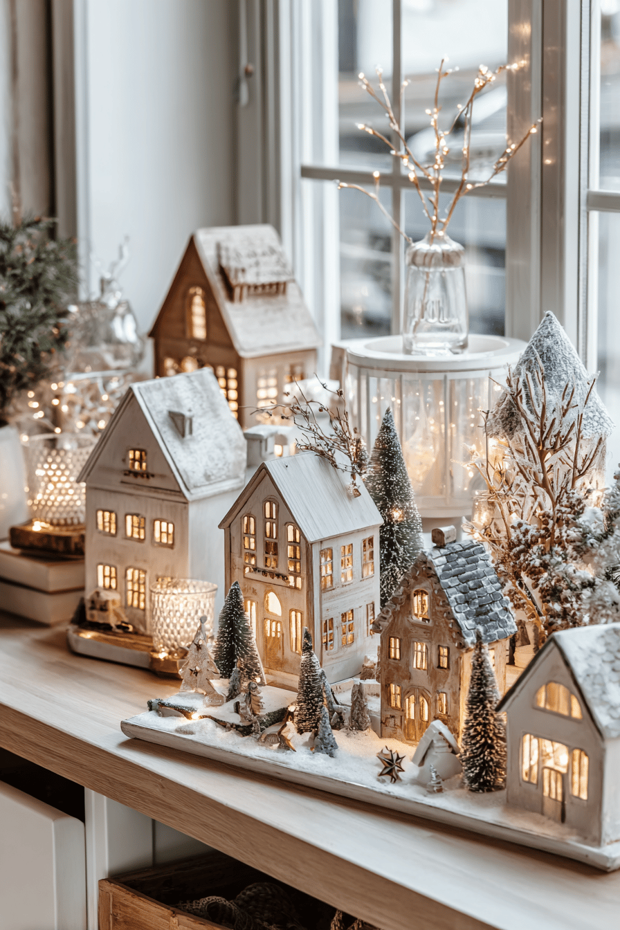Ein Miniatur-Weihnachtsdorf mit beleuchteten Häuschen und Tannen auf einem Tisch.