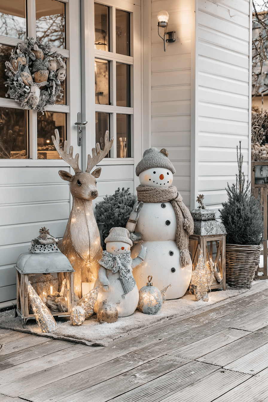 Schneemann und Rentier als leuchtende Weihnachtsfiguren vor einer Tür.