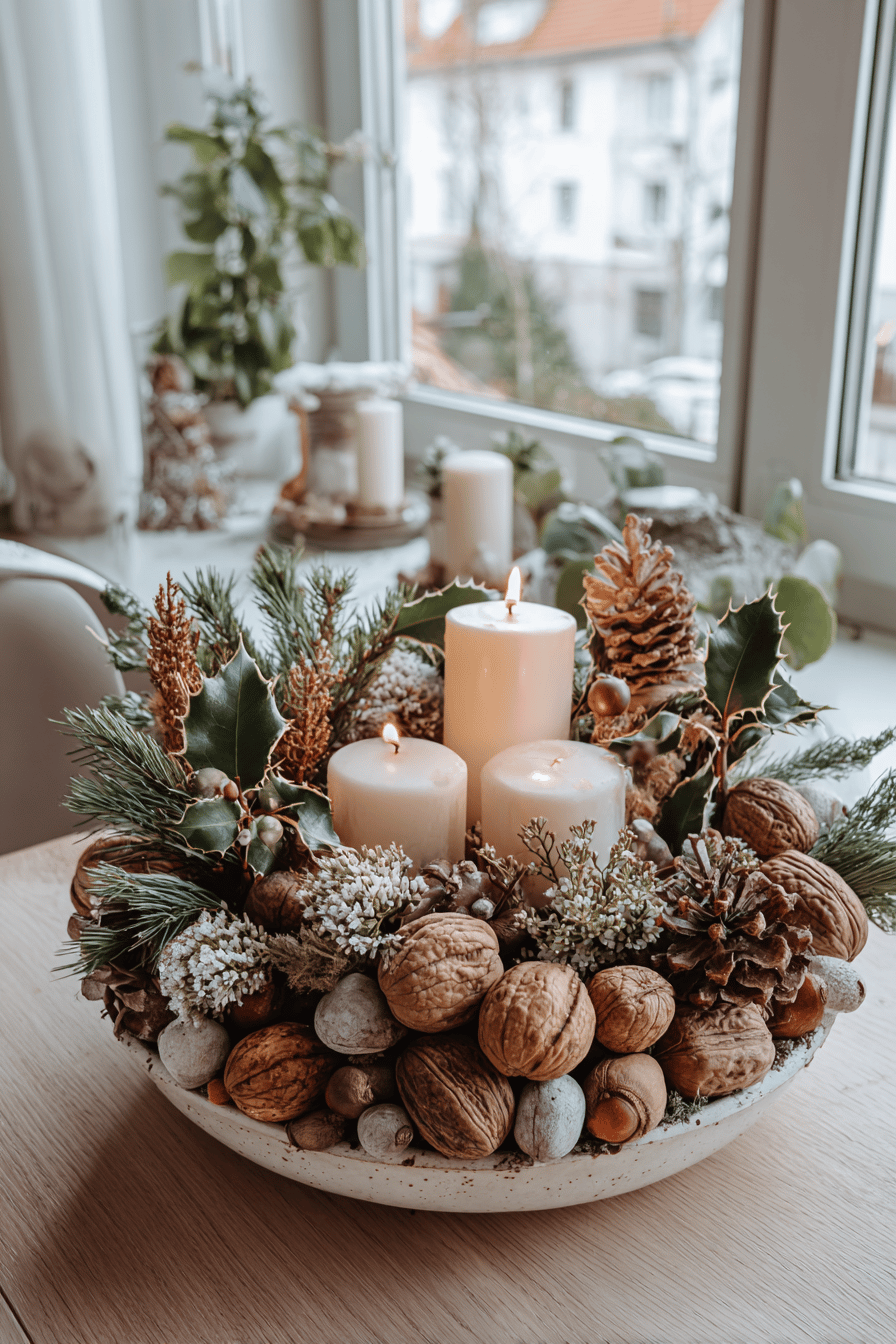 Weihnachtsgesteck mit Tannenzweigen, Nüssen, Zapfen und Kerzen auf einem Tisch.
