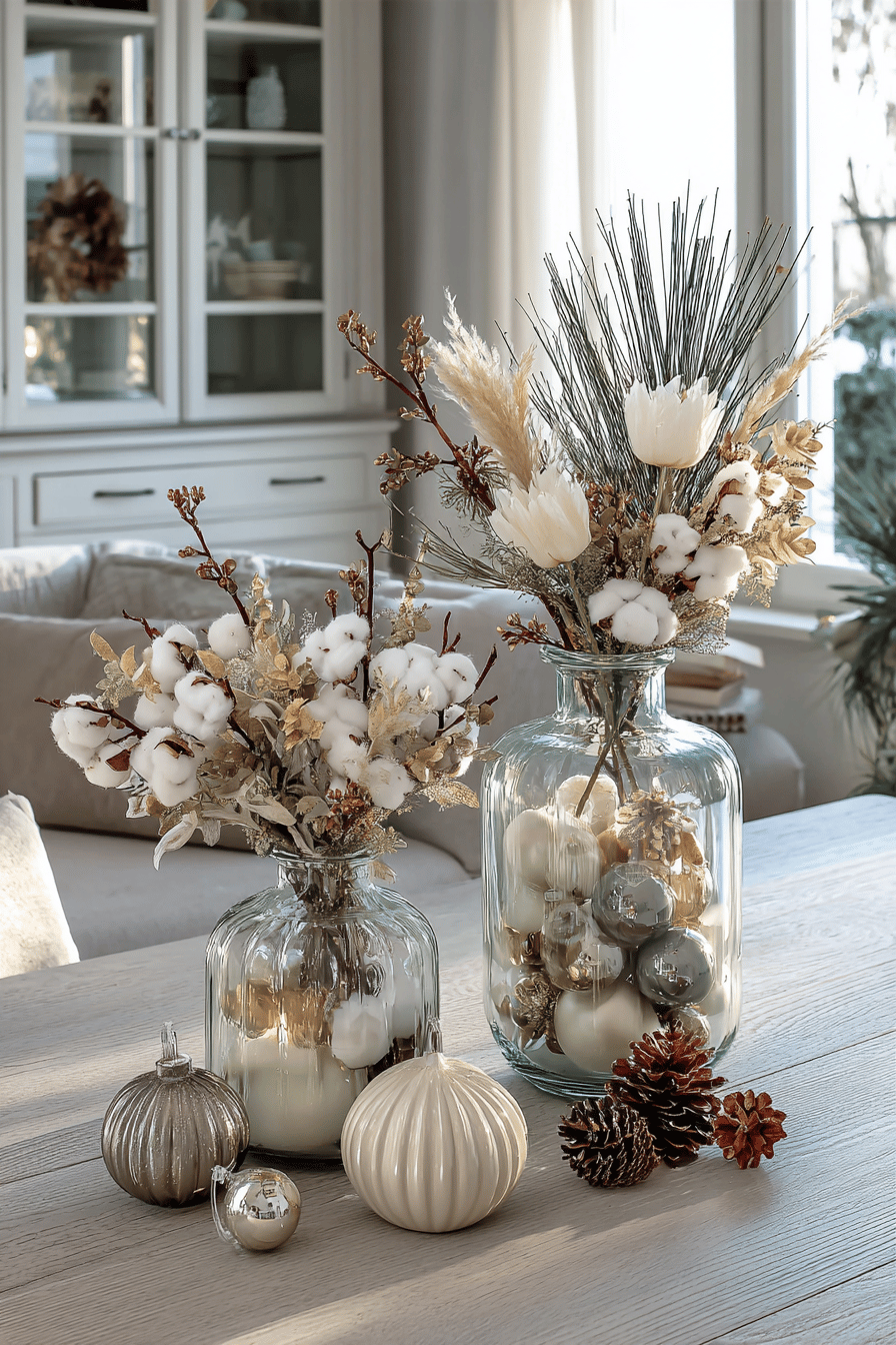 Zwei Glasvasen mit edlen Weihnachtsgestecken aus getrockneten Zweigen, weißen Blüten und Kugeln.