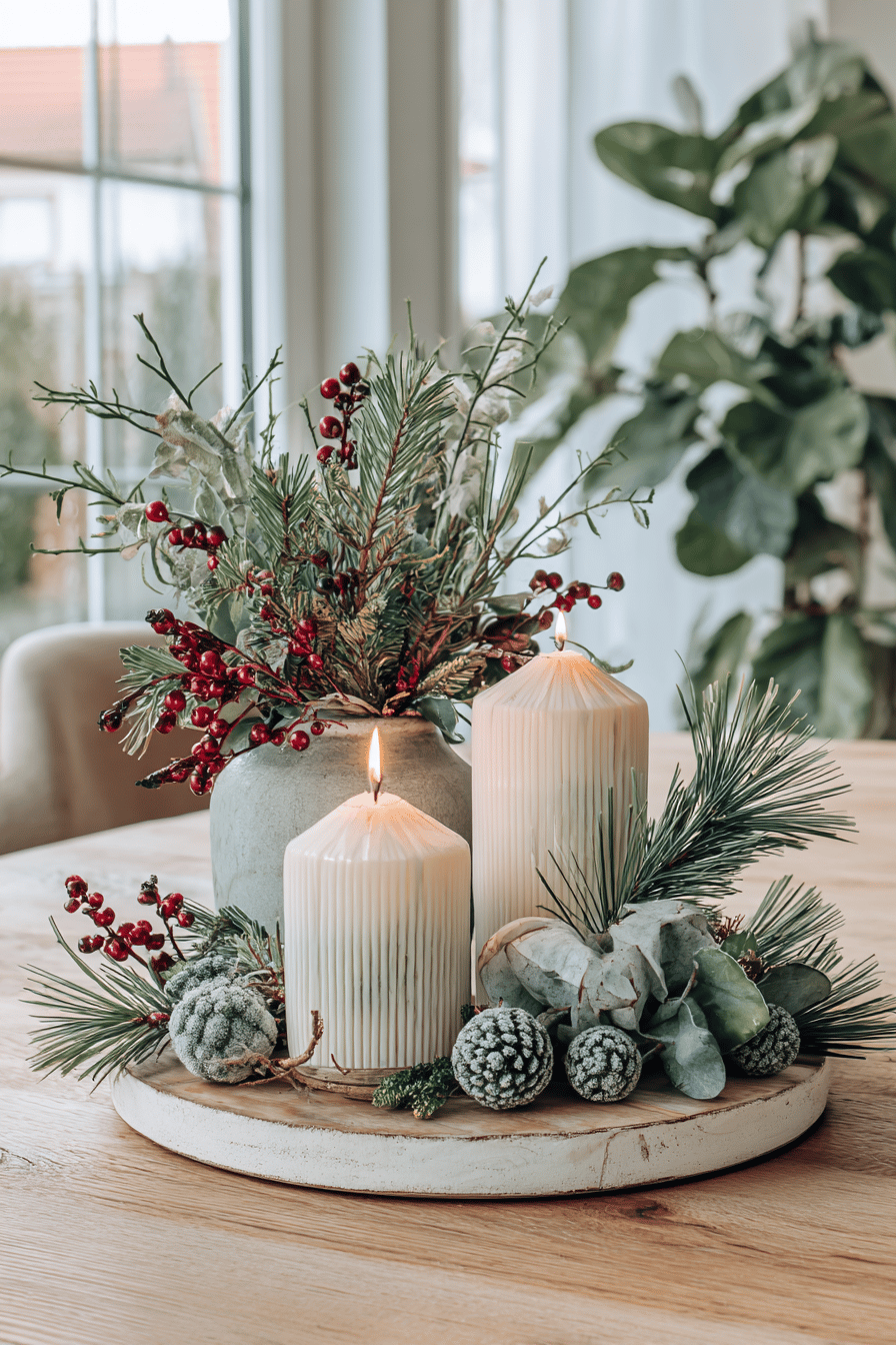 Ein stilvolles Kerzenarrangement mit Tannenzweigen und roten Beeren auf einem Holztisch.