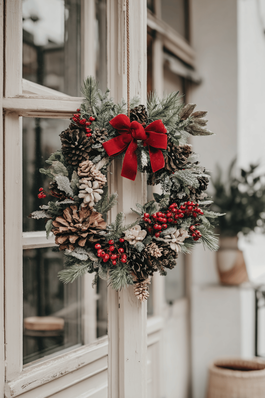 Ein wunderschöner Weihnachtskranz mit roten Beeren, Tannenzapfen und einer roten Schleife an einer Haustür.