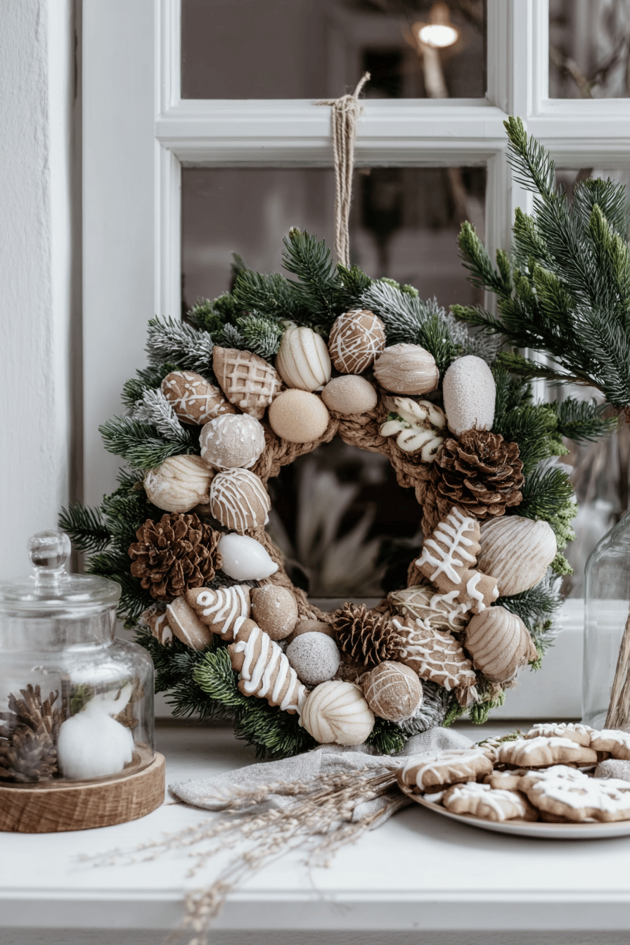 Ein weihnachtlicher Kranz mit verzierten Plätzchen und Tannenzweigen vor einem Fenster.