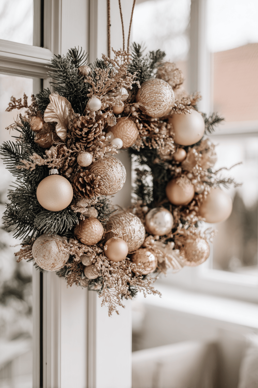 Ein goldener Türkranz mit funkelnden Weihnachtskugeln und Tannenzweigen an einem Fenster.