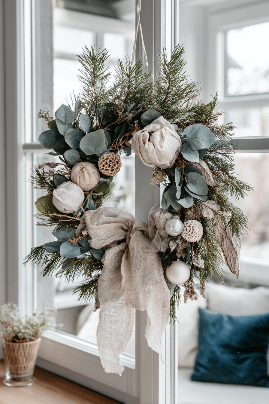 Ein weihnachtlicher Kranz mit Eukalyptus, Zapfen und Schleife an einem Fenster.