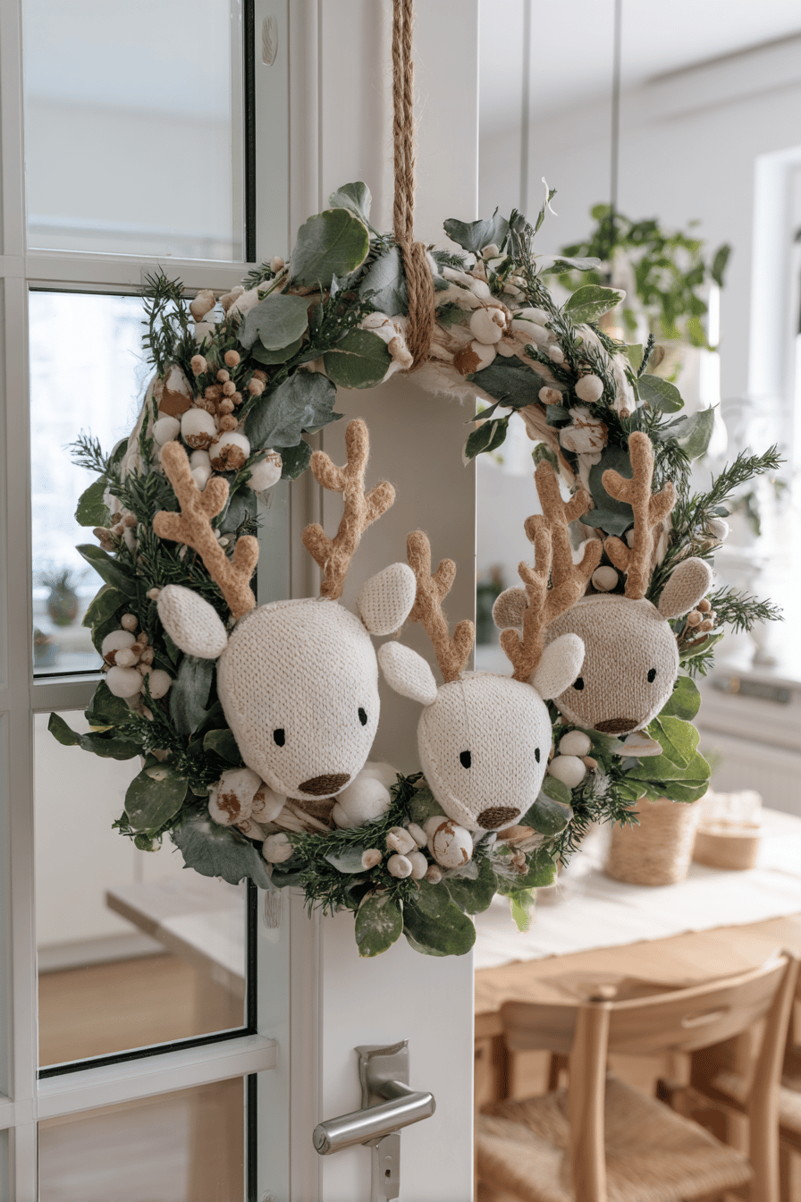 Ein weihnachtlicher Kranz mit Rentierköpfen und grünen Zweigen an einer Tür.