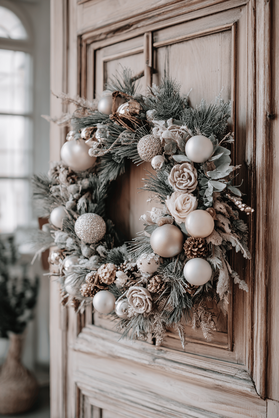 Weihnachtskranz mit glitzernden Kugeln und Blüten an einer Holztür.