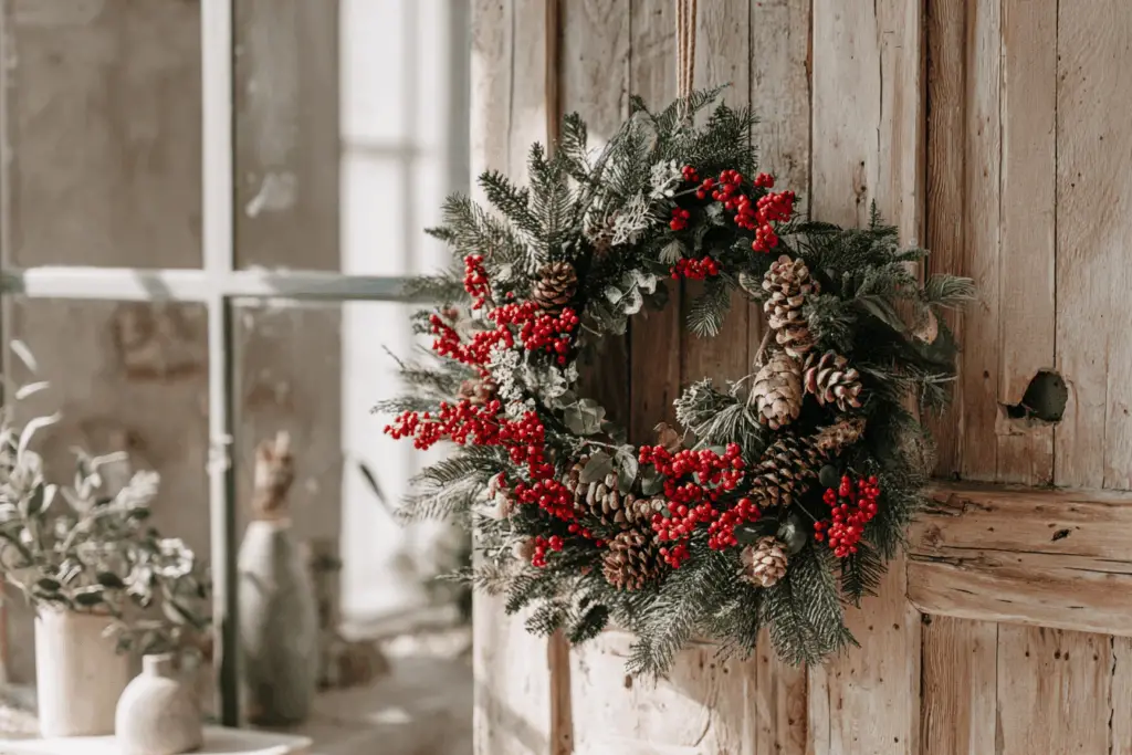 Weihnachtskranz mit roten Beeren und Zapfen