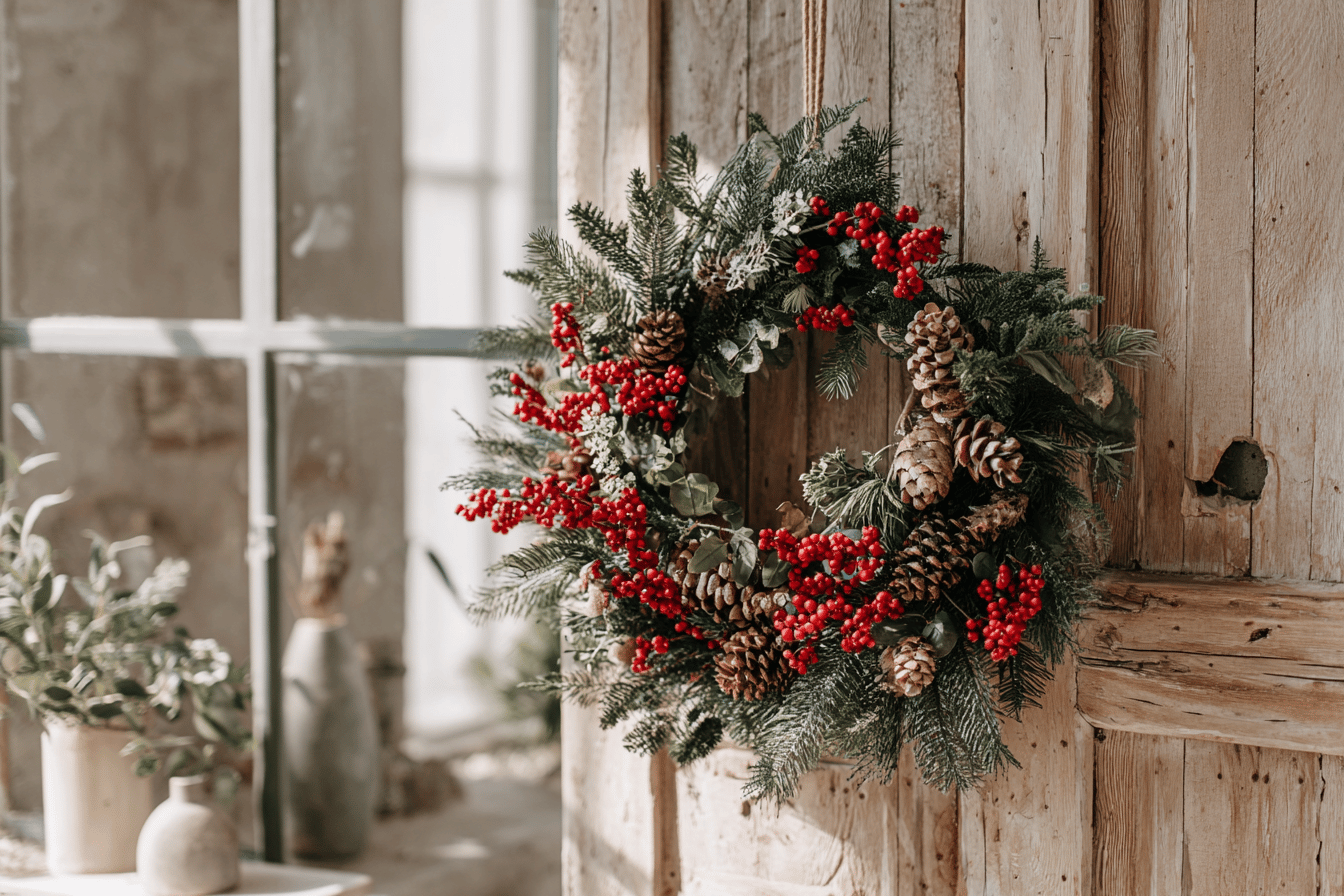 Weihnachtskranz mit roten Beeren und Zapfen