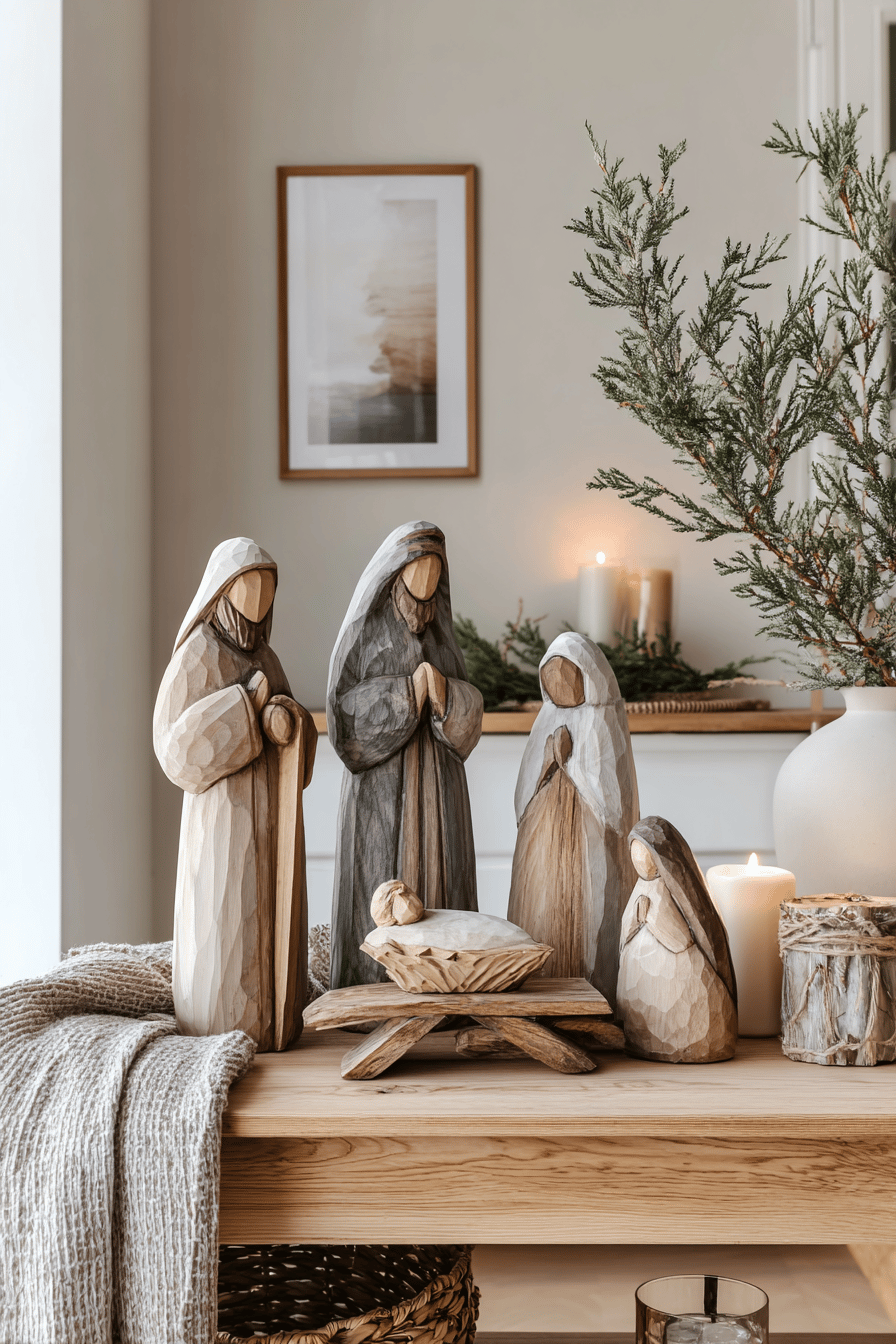 Handgeschnitzte Weihnachtskrippe aus Holzfiguren auf einem Tisch, umgeben von Kerzen und Zweigen