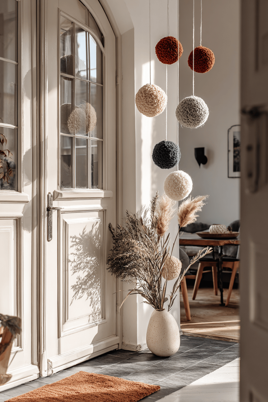 Festlich dekorierter Hauseingang mit hängenden Kugeln und Trockenblumenvase.