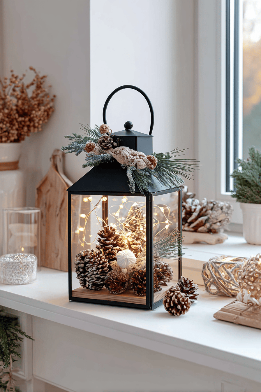 Weihnachtlich dekorierte Laterne mit LED-Lichterkette und Tannenzapfen auf Fensterbank.