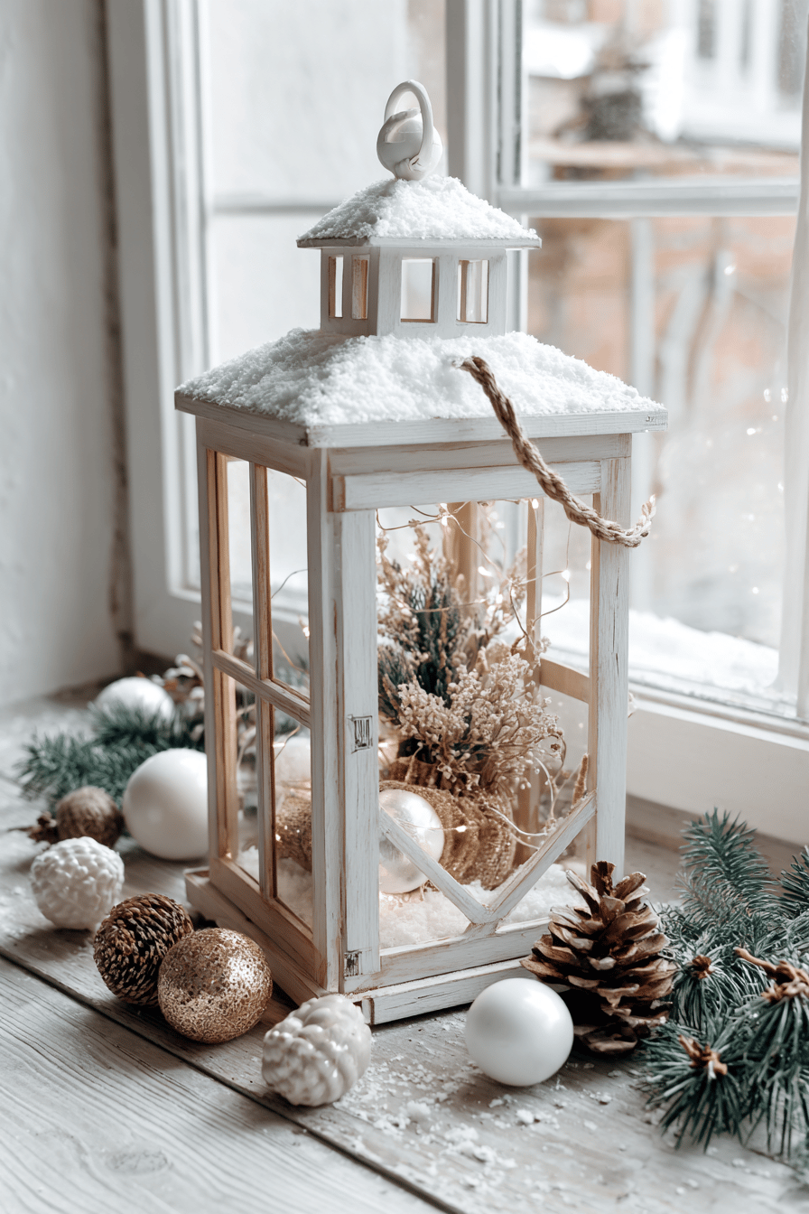 Eine geschmückte Laterne mit Kunstschnee und Weihnachtsdekoration.