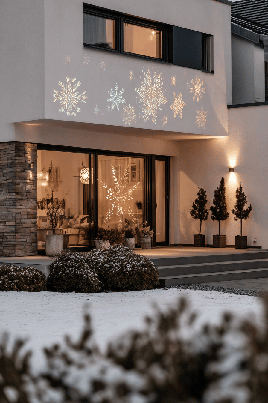 Hausfassade mit Schneeflocken-Projektionen als Weihnachtsbeleuchtung im Außenbereich