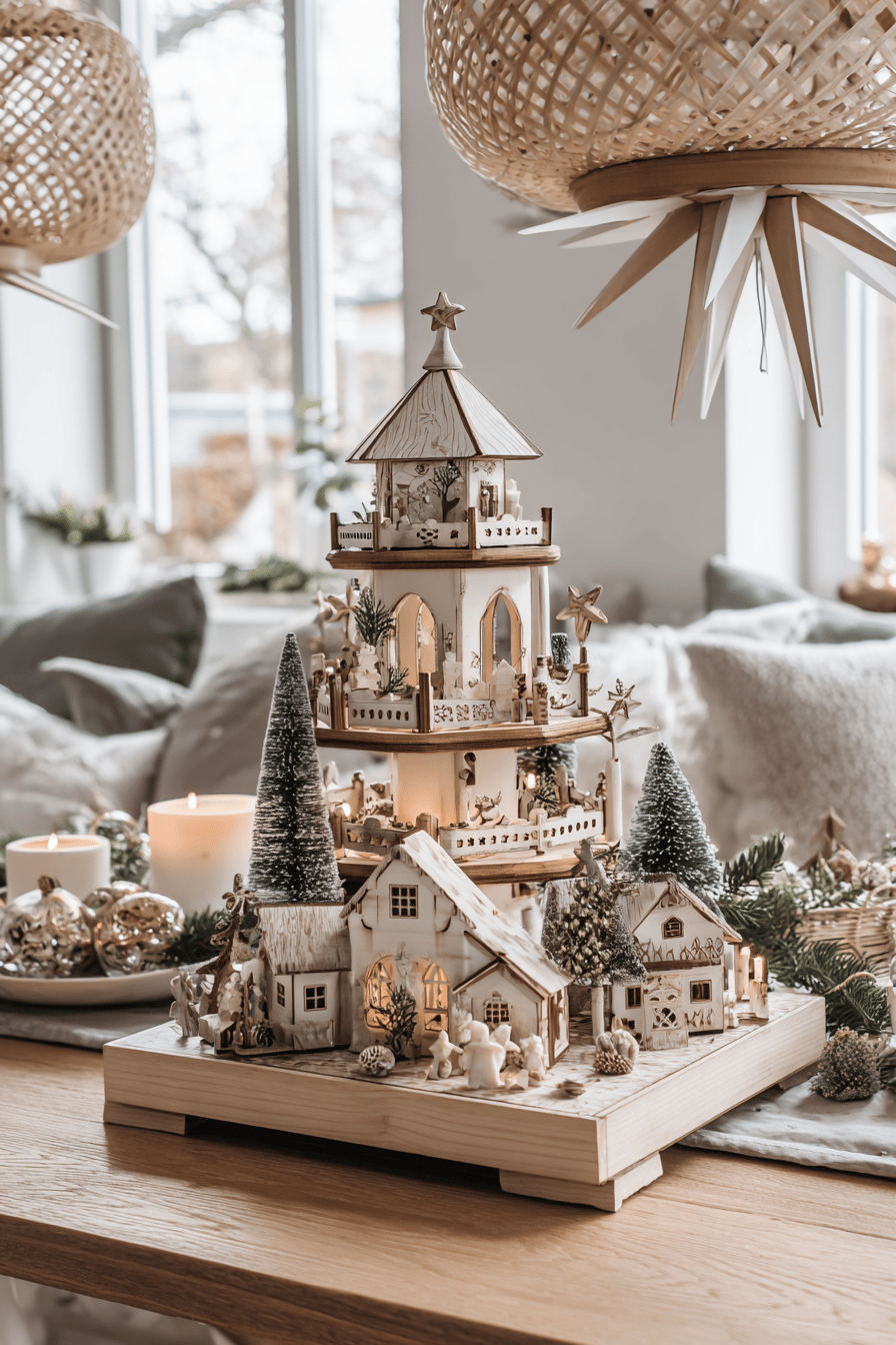 Eine wunderschöne handgemachte Weihnachtspyramide aus Holz mit Kerzen und Dekorationen.
