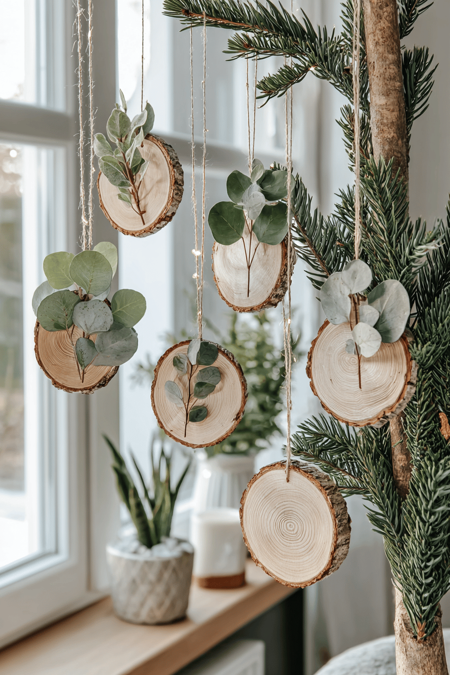 Holzscheiben mit Eukalyptusblättern als Weihnachtsschmuck an einem Baum.