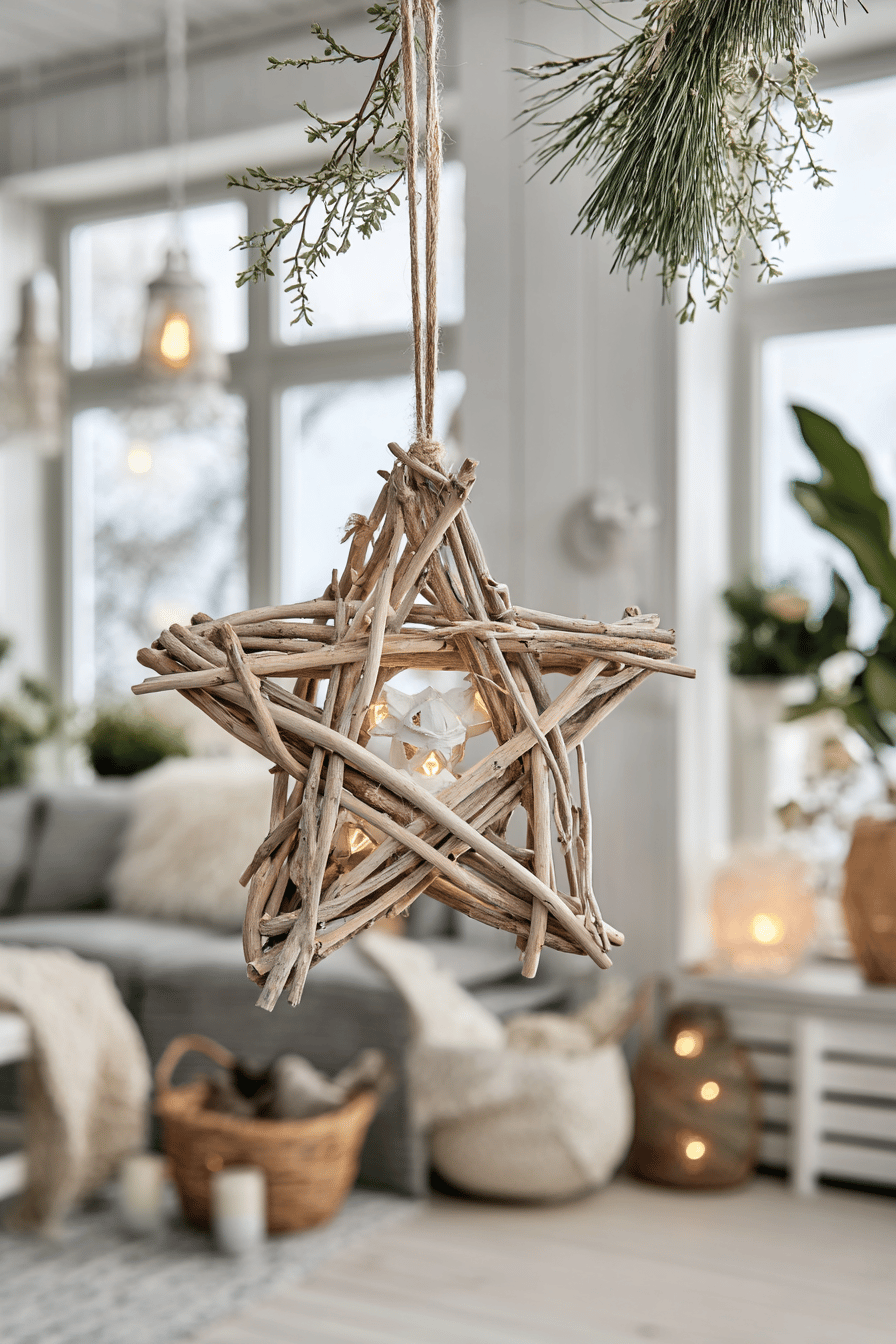 Ein Weihnachtsstern aus Ästen, der an einem Seil hängt, mit umgebenden Tannenzweigen und einer gemütlichen Hintergrundszene.