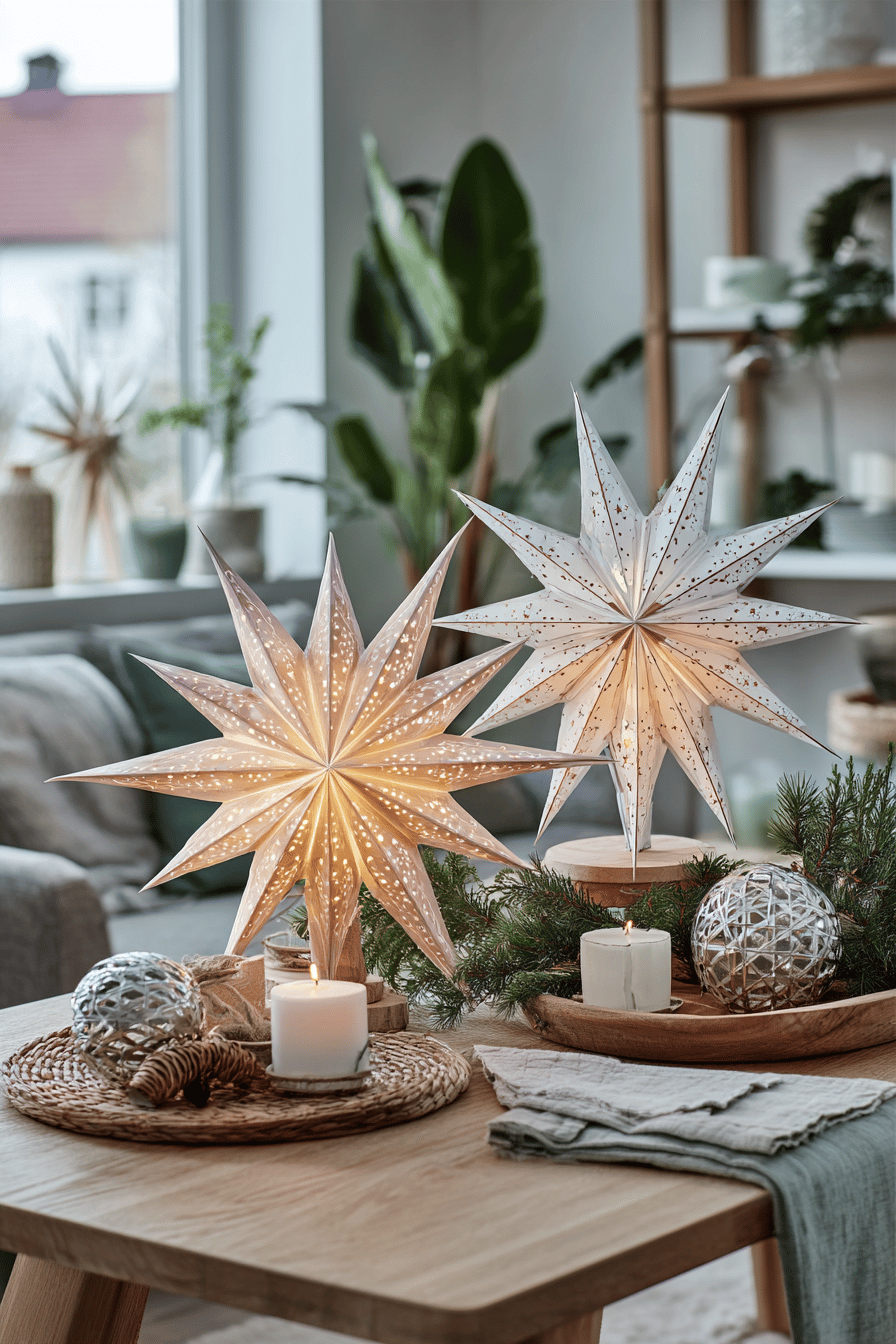 Zwei leuchtende Weihnachtsstern-Tischleuchten auf einem dekorierten Tisch.