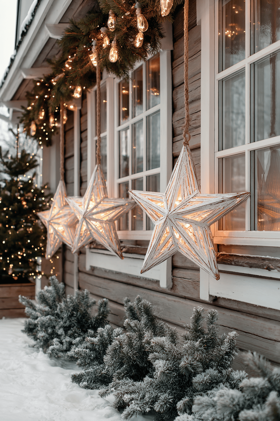 Weihnachtliche Sterne aus Holz, die an einer Wand als festliche Außendeko hängen, umgeben von Lichterketten.