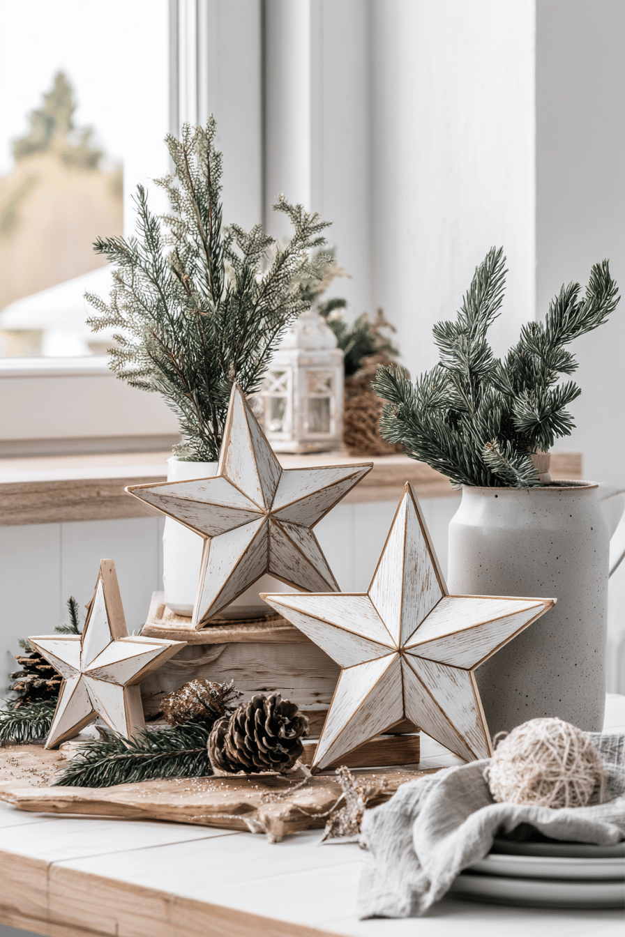 Holzsterne mit Tannenzweigen und Zapfen als Weihnachtsdekoration.