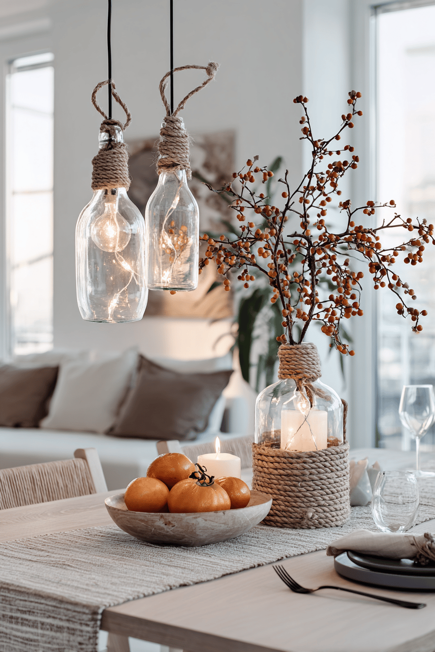 Hausgemachte Dekoration mit Lichtern in Weinflaschen und Herbstzweigen.