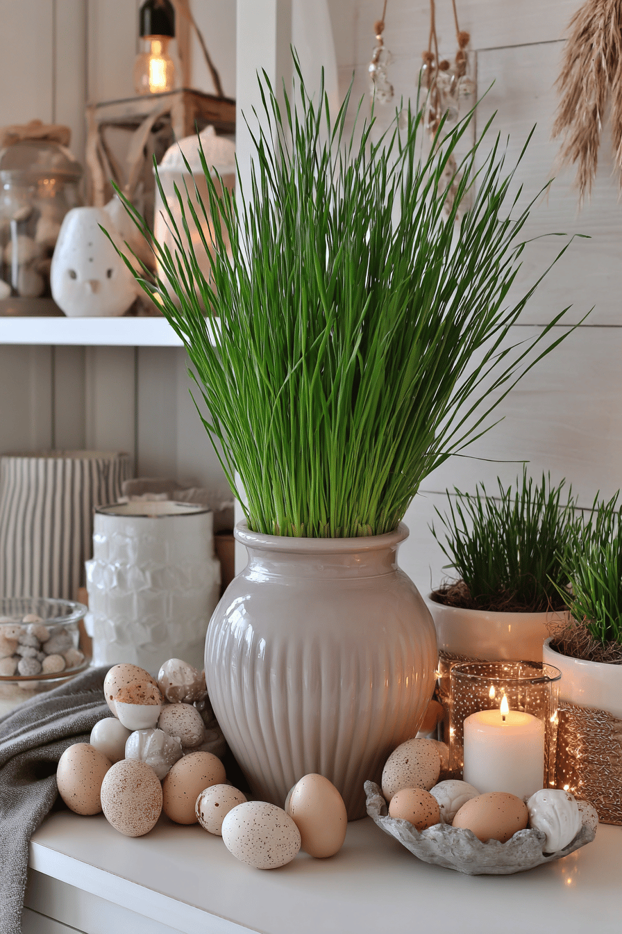 Frühlingsdeko mit Weizengras in einem Keramiktopf, umgeben von Eiern und Kerzen.