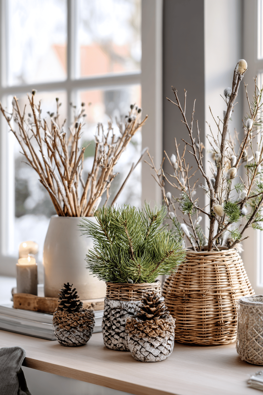 Verschiedene Vasen mit Tannenzweigen und Ästen auf einer Fensterbank als Winter-Deko.