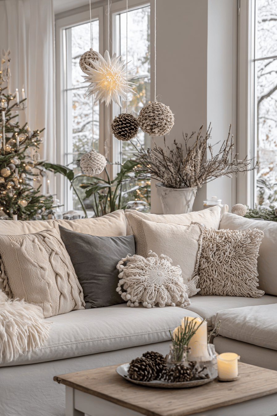 Gemütliches Wohnzimmer mit weihnachtlicher Dekoration und einem Christbaum im Hintergrund.