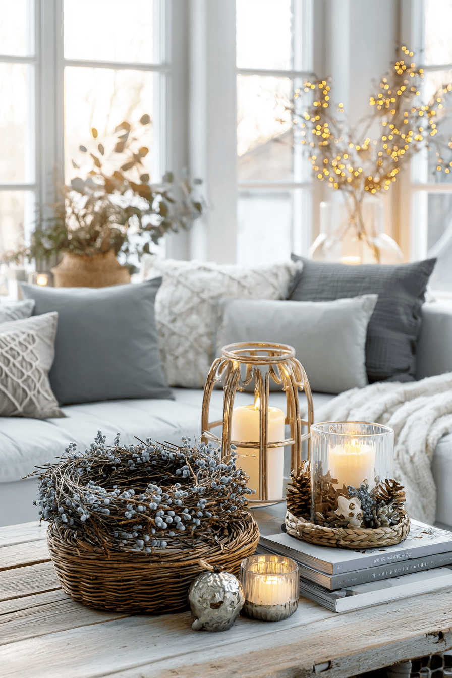 Gemütliche Winterdeko mit Kerzen und Naturmaterialien