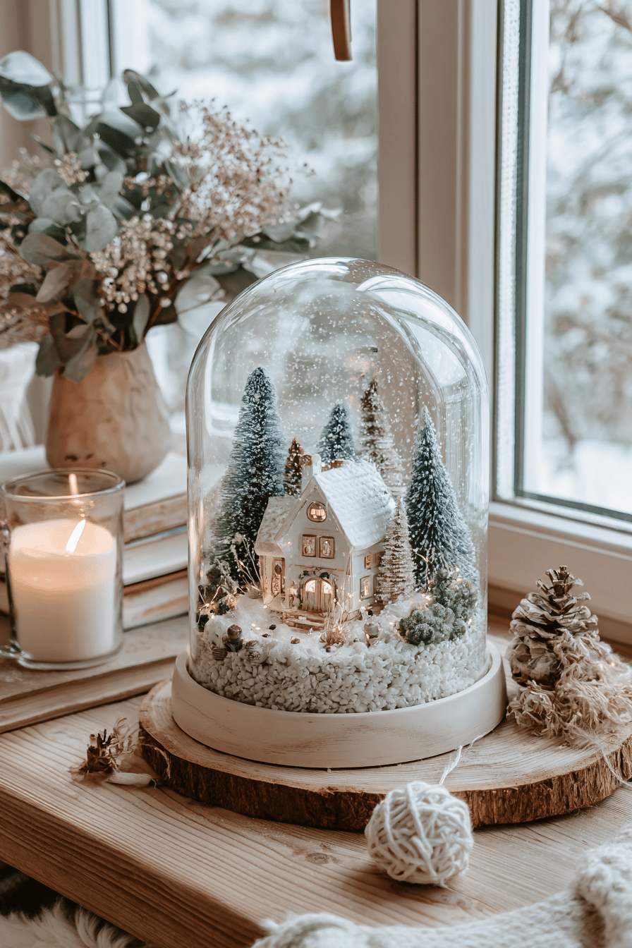 Ein Glas mit einer Schneelandschaft und einem kleinen weißen Haus darin, umgeben von Bäumen und Lichtern.