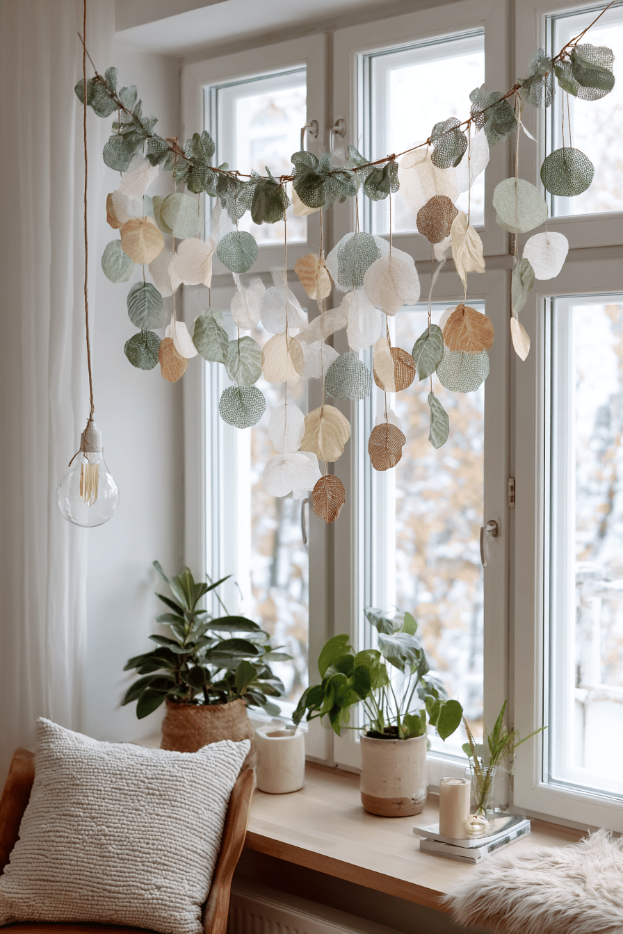 Eine hübsche Papiergirlande mit Blattformen hängt vor einem Fenster, umgeben von Pflanzen.