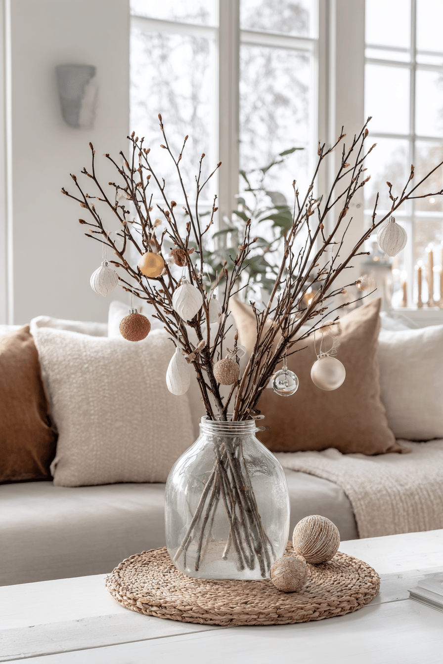 Ein stilvoller Strauß aus Zweigen, dekoriert mit schlichten Weihnachtskugeln in einem Glasgefäß.
