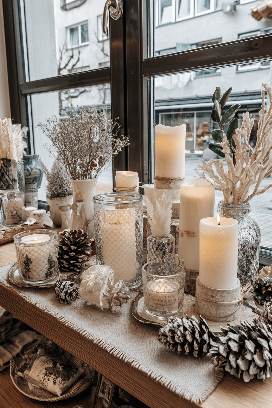 Ein Fensterbrett mit Kerzen, Tannenzapfen und winterlichen Dekorationen.