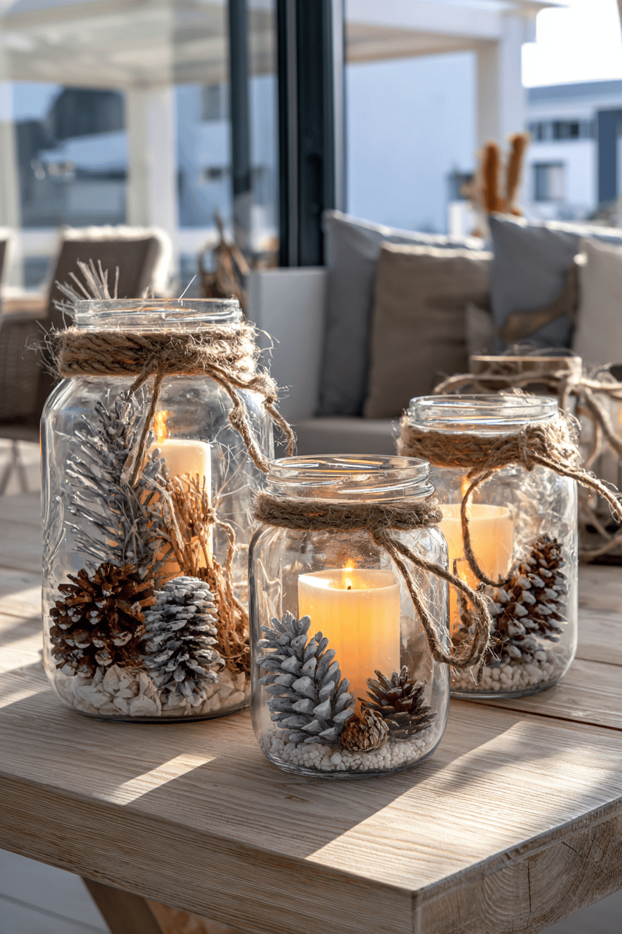 Drei große Einmachgläser mit Kerzen, Tannenzapfen und dekorativer Schnur als winterliche Windlichter gestaltet.