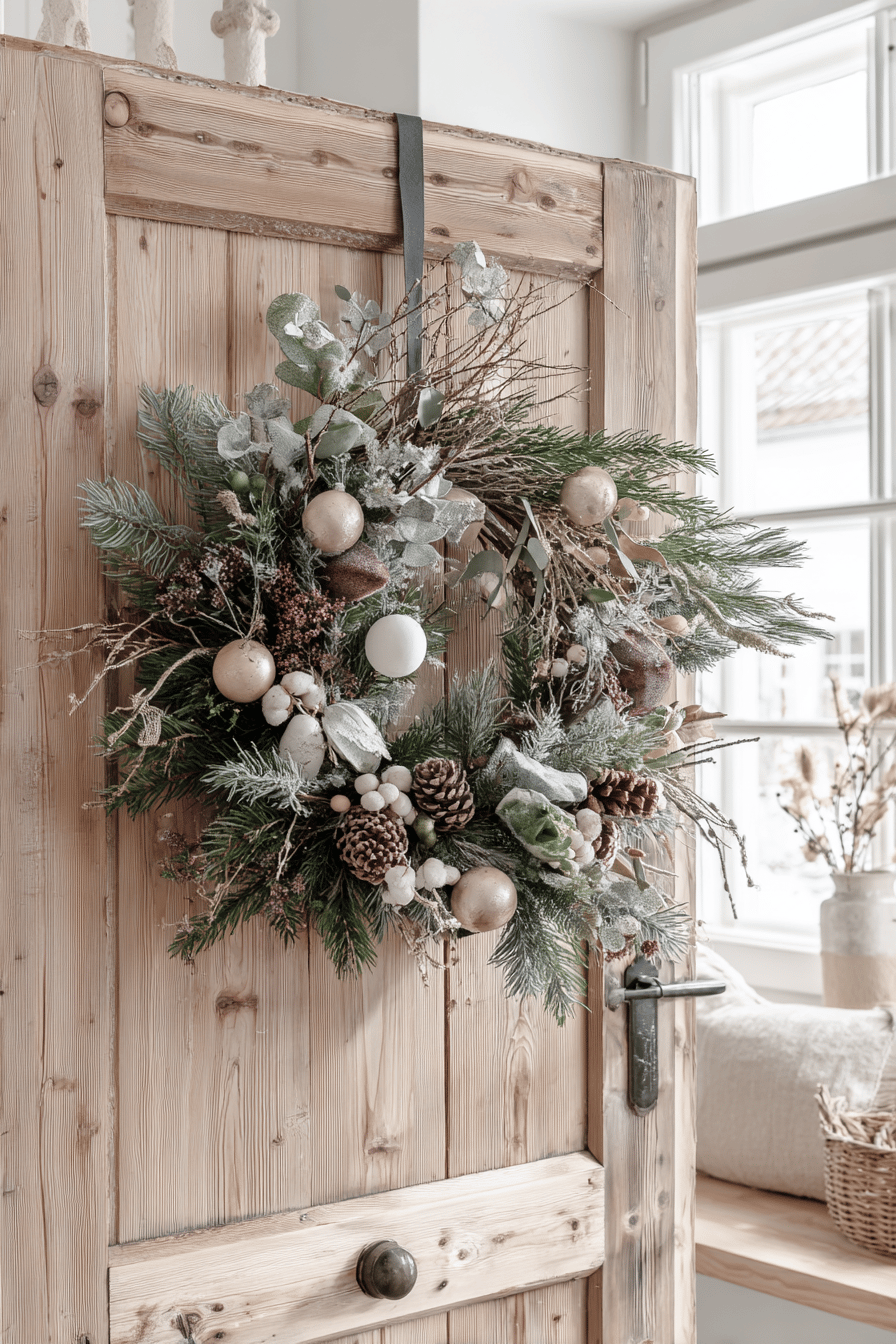 Ein weihnachtlicher Türkranz aus Tannenzweigen und Dekoelementen an einer Holztür.