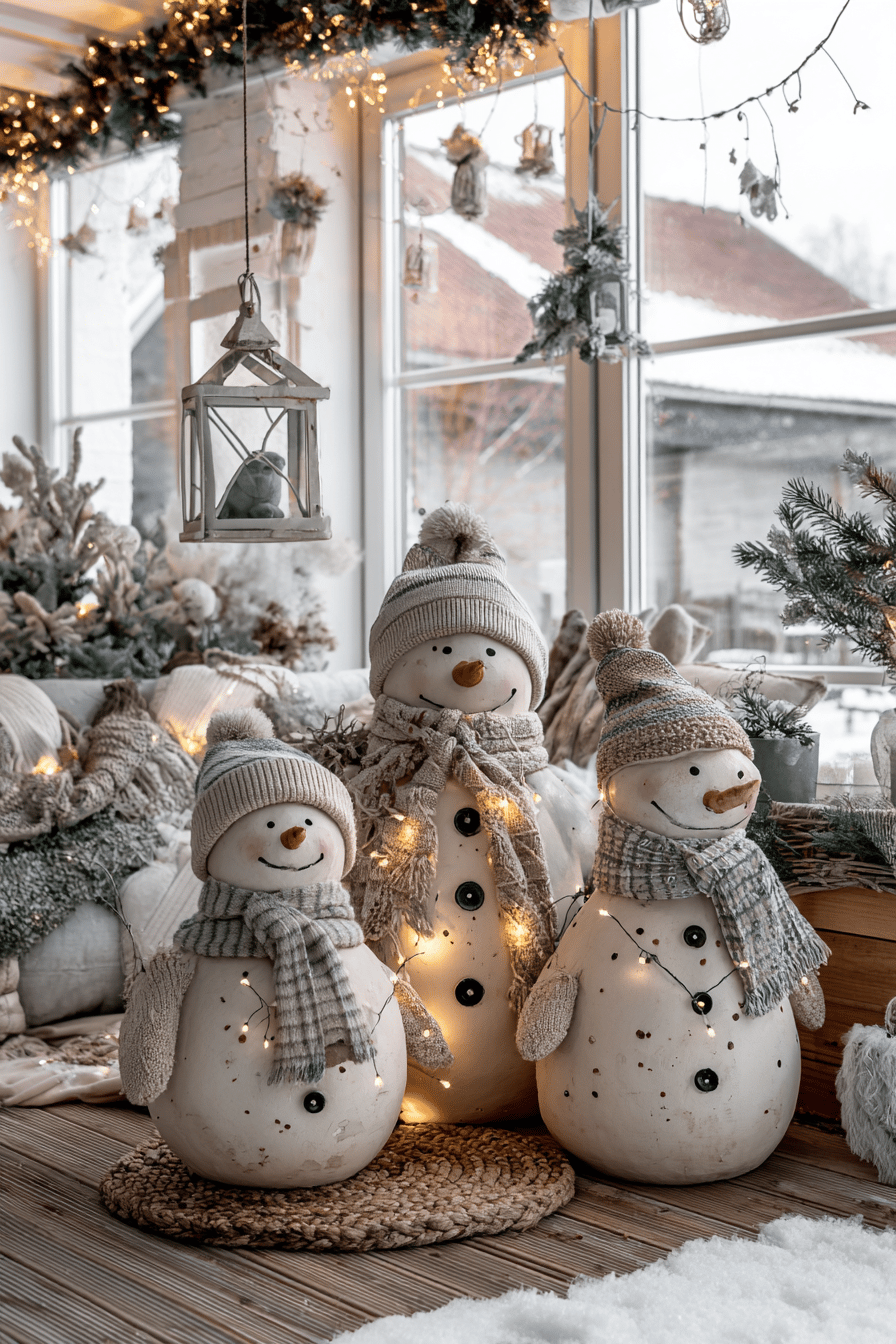 Drei dekorative Schneemannfiguren mit Mützen und Schals auf einer Veranda.