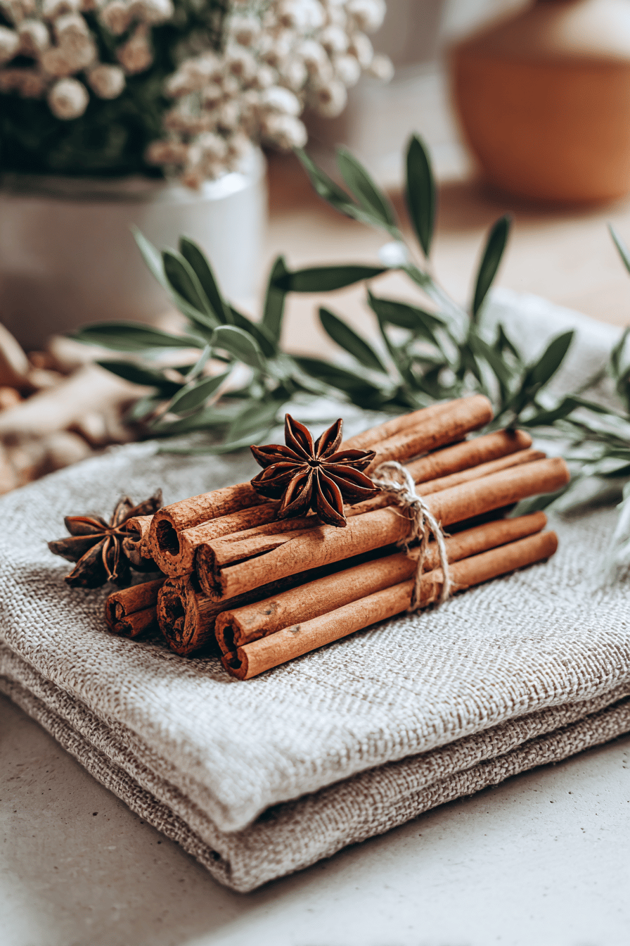 Zimtstangen und Anissterne auf Leinen serviert als natürliche Dekoration.
