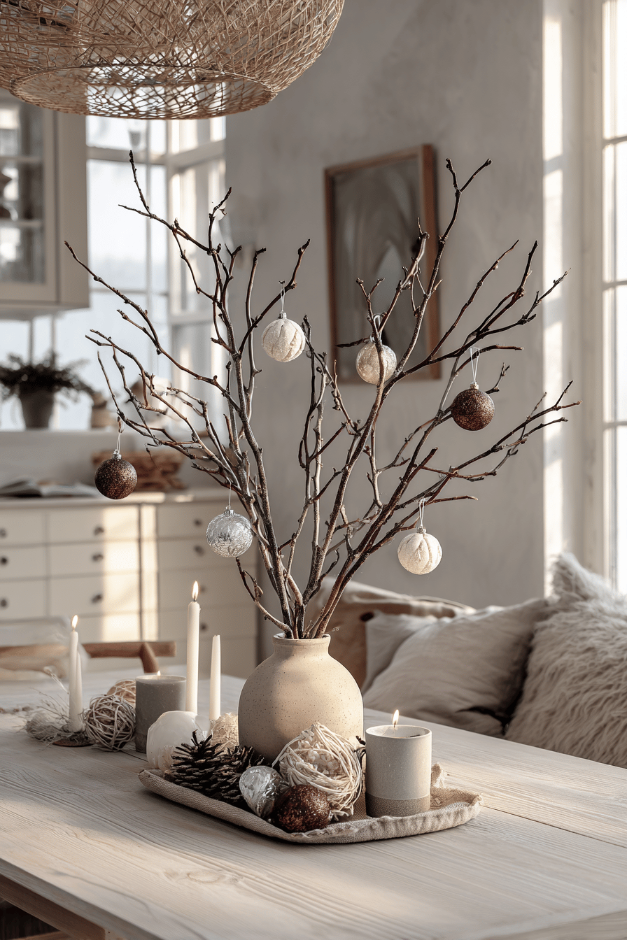 Vase mit Zweigen und Weihnachtskugeln als Tischdekoration in einem modernen Wohnraum.