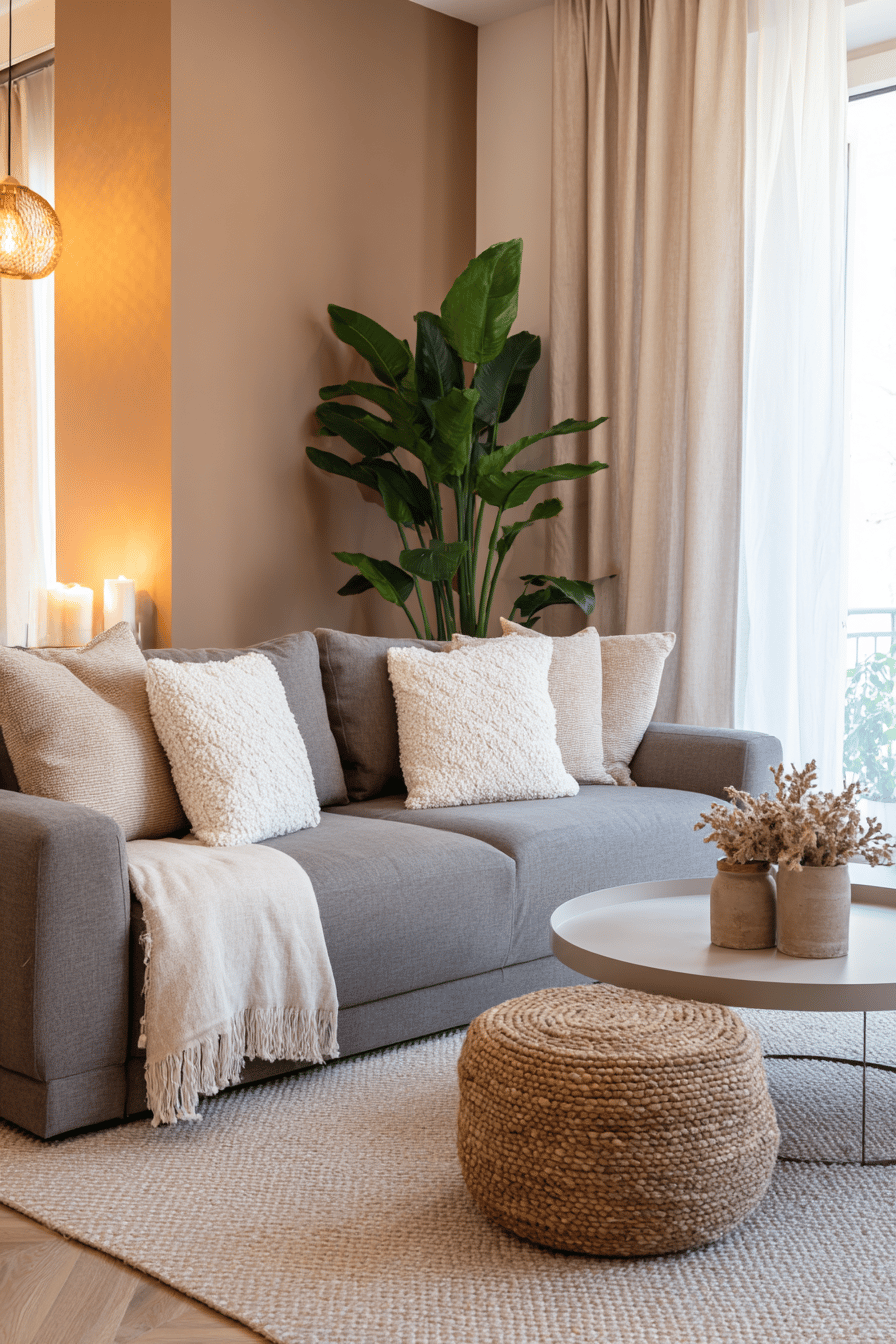 Gemütliches Wohnzimmer mit grauem Sofa vor einer beigen Akzentwand, dekoriert mit Naturmaterialien