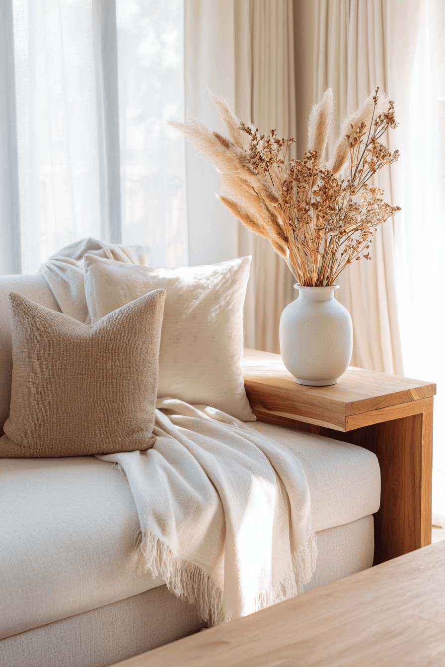 Heller Holz-Beistelltisch mit Trockenblumen neben einem cremefarbenen Sofa