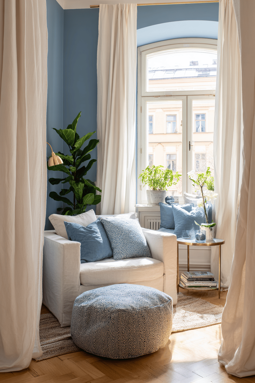 Gemütliche Sitzecke mit blauer Wand, weißen Vorhängen und grünen Pflanzen