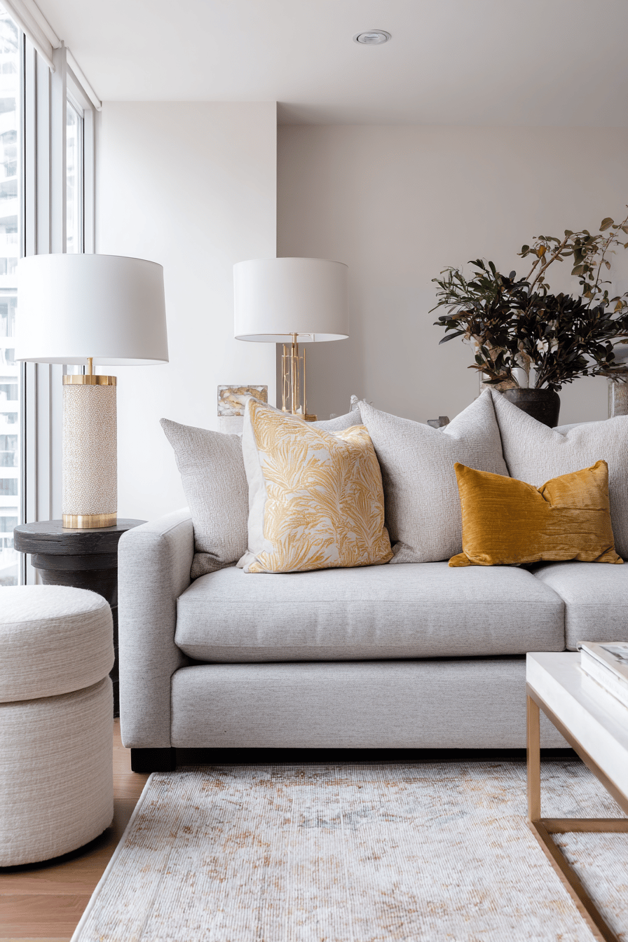 Graues Sofa mit goldenen Akzenten, weichen Kissen und eleganten Lampen