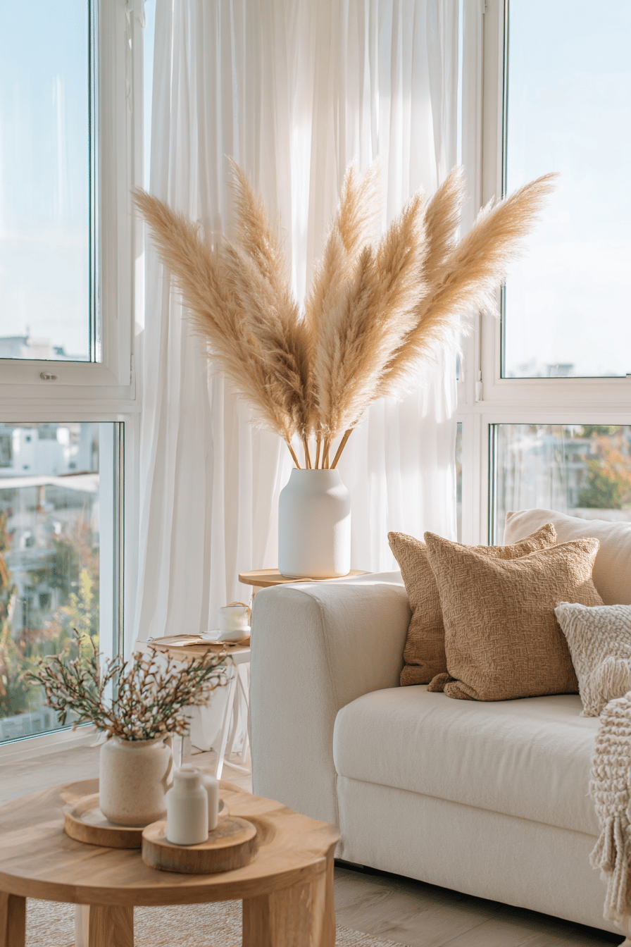 Skandinavisches Wohnzimmer mit heller Couch, Holzdetails und einer Vase mit Pampasgras