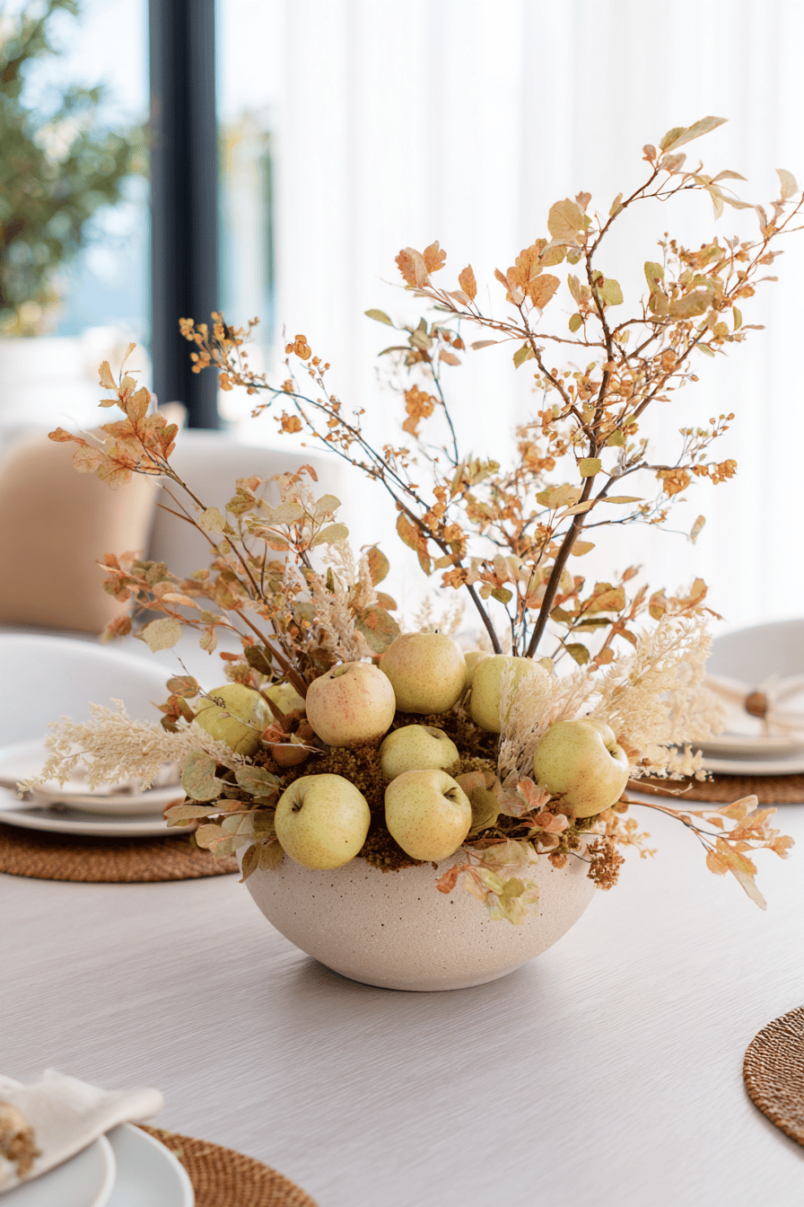 Herbstliches Arrangement mit Zieräpfeln und Trockenblumen in einer Schale