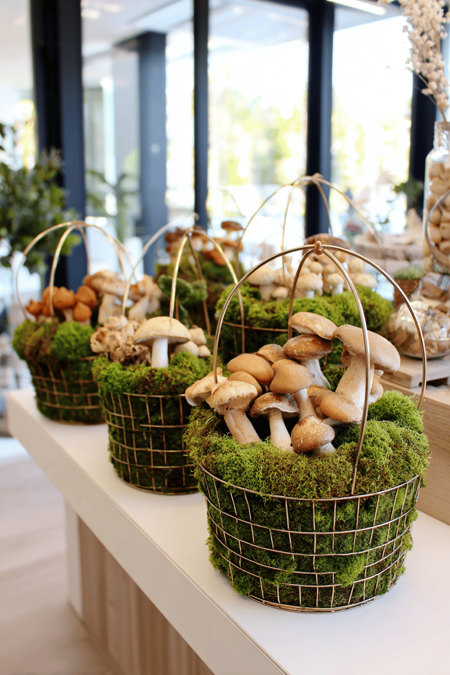 Drahtkörbe gefüllt mit grünem Moos und Pilzen als herbstliche Deko