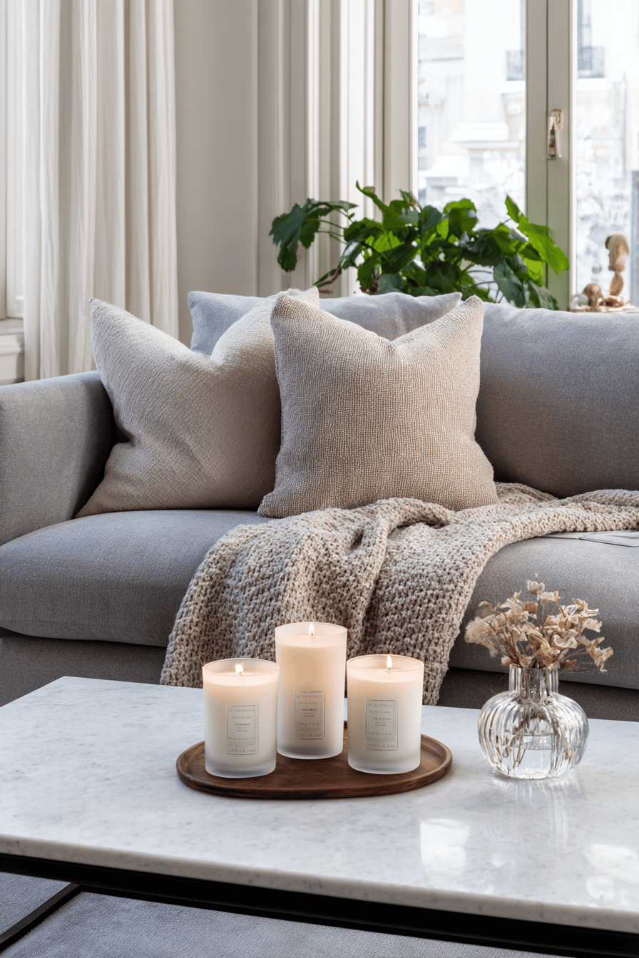 Wohnzimmer mit grauem Sofa, beigen Kissen und drei brennenden Duftkerzen auf einem Marmortisch