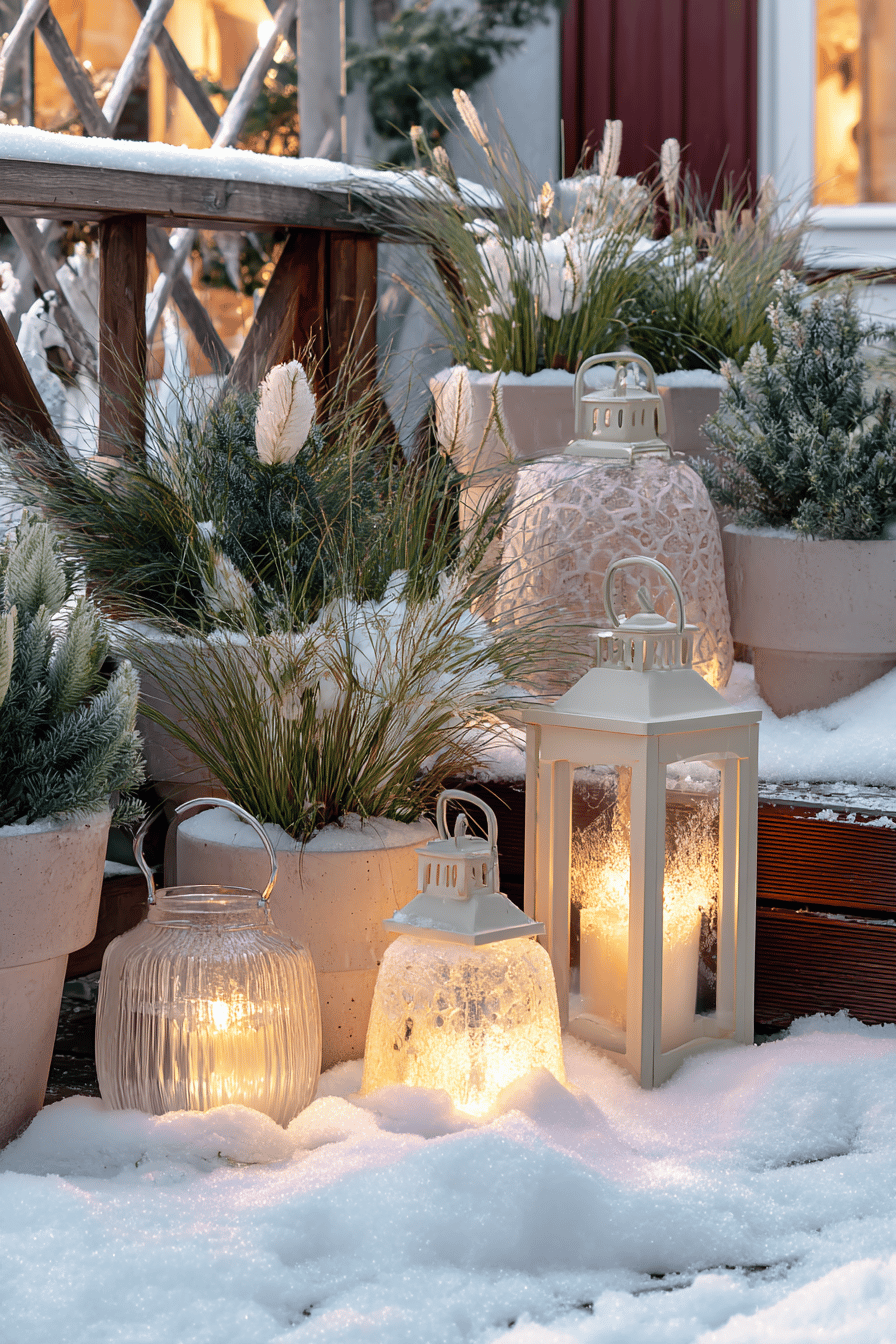 Leuchtende Windlichter im Schnee auf winterlich dekorierter Terrasse