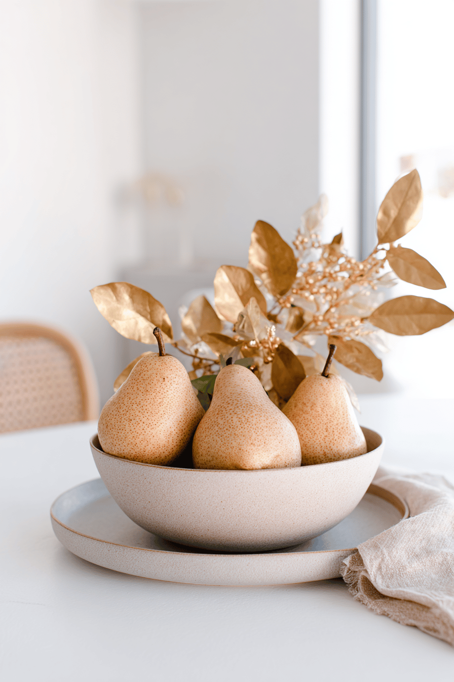 Schlichte Schale mit Birnen und goldenen Blättern als Herbstdeko