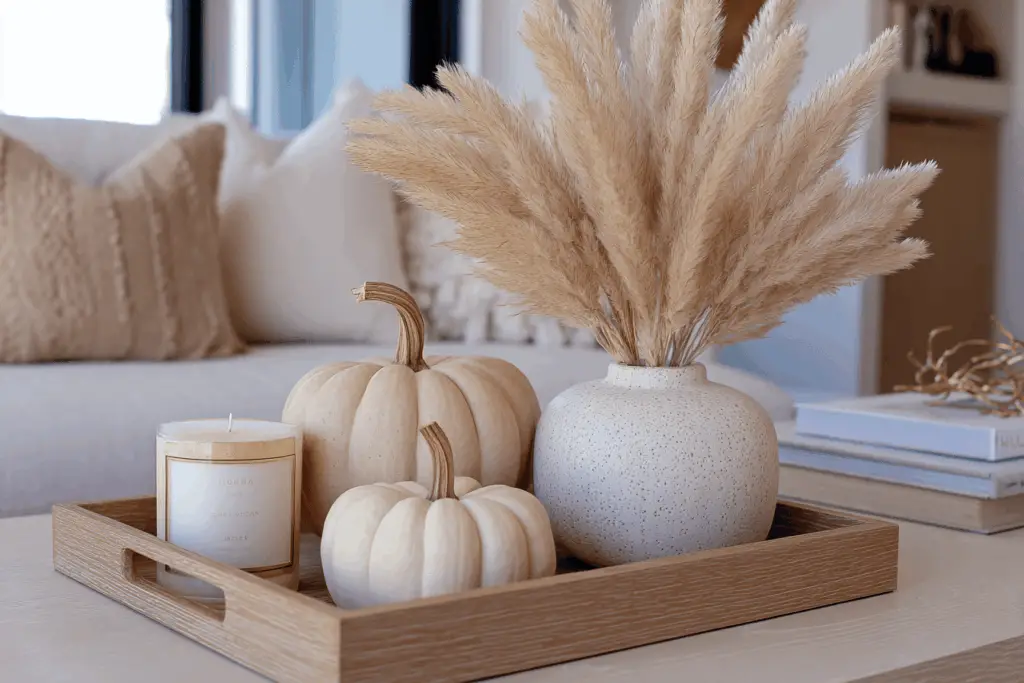 Holztablett mit weißen Kürbissen, Trockenblumen in Vase und Kerze auf Couchtisch
