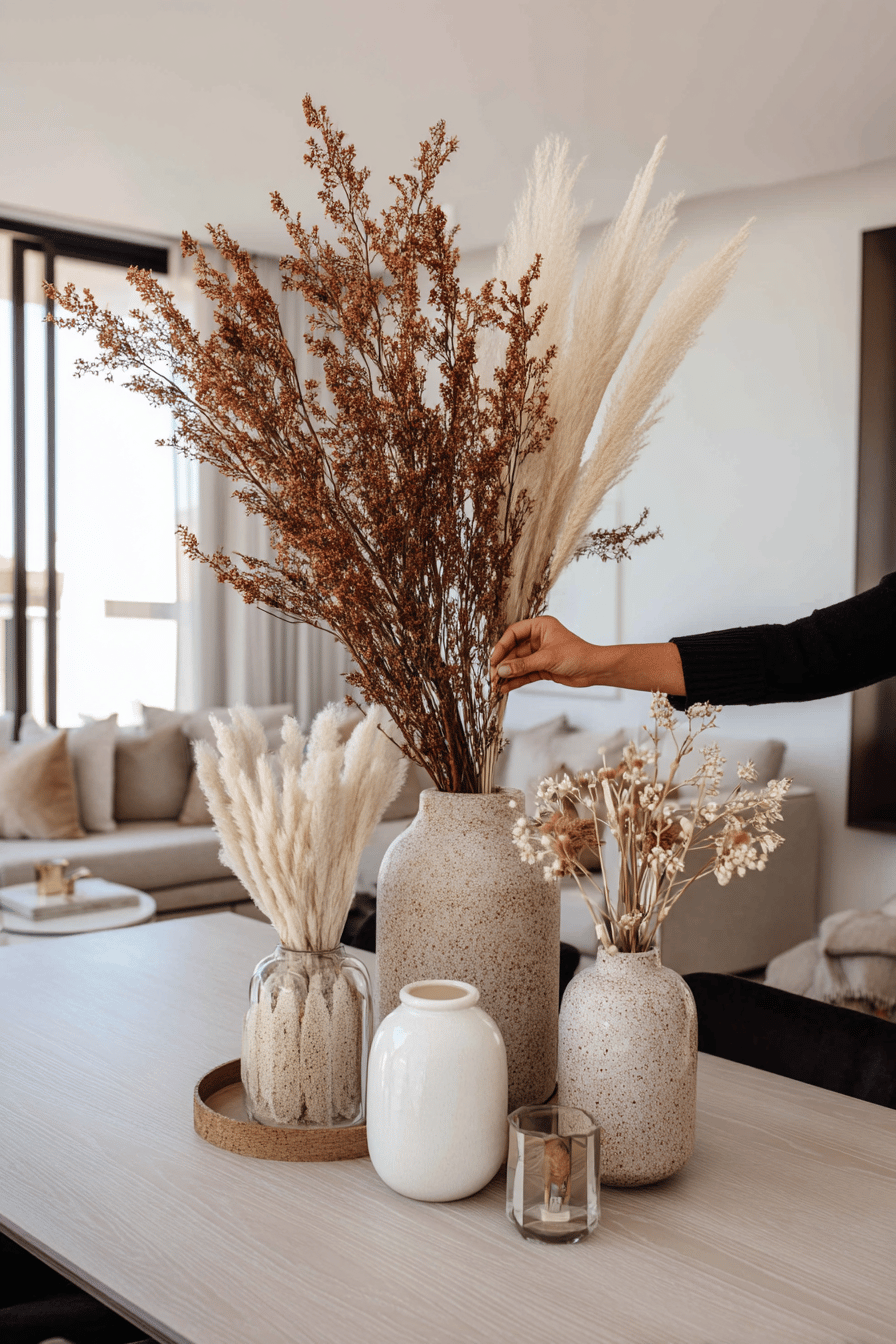 Herbstliche Trockenblumen und Gräser in eleganten Vasen auf einem Tisch